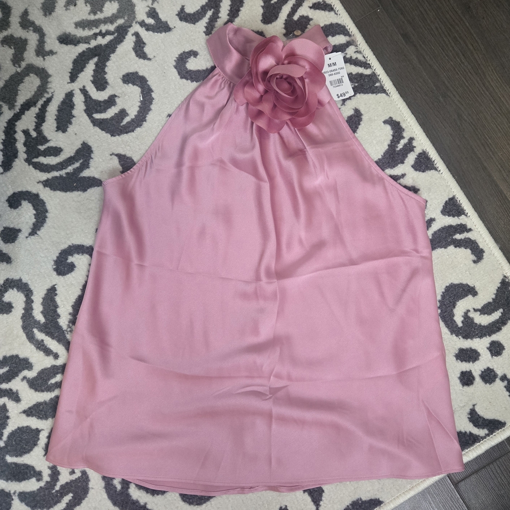 Le Chateau Pink Halter Satin-Like Tank Top with Floral Accent